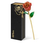 Mikasol Rose Rouge Réaliste Trempée dans Or 24K - Cadeau Romantique pour Femme, Épouse, Petite Amie ou Maman - Anniversaire, Saint-Valentin, Fête des Mères, avec Socle Cœur Puzzle (Dégradé Orange)