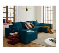 Mike - canapé panoramique en U - 7 places - convertible - avec coffre - en velours - Bleu canard