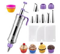 MIKESIER Ensemble de seringues de décoration de dessert, kit de glaçage et de glaçage en acier inoxydable avec 6 embouts et 9 cupcakes en silicone, 3 grattoirs à crème pour décoration de gâteaux