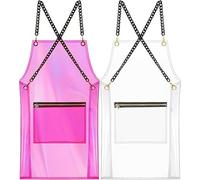 MIKI WELL Tablier imperméable avec poche - Tablier de coiffure en TPU transparent, tablier réglable à dos croisé, 75 cm, Noir et rose., taille unique