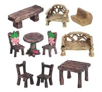 Mikikit 10 Pièces Miniatures de Jardin en Résine Table et Chaises Style Rustique, Légères et Faciles à Utiliser pour Décorer Maisons de Poupée et Micro-paysages