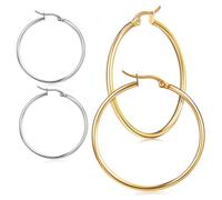 Mikikit 2 paires Boucles Oreilles Créoles Inoxydables pour Femmes Grandes Boucles Rondes Exagérées Lot Doré et Argenté Bijoux Mode pour Fêtes et Sorties