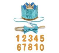 Mikikit Chapeau de Fête pour Animal de Compagnie Bleu 3 Pièces Couronne Ajustable Noeud, Chiffres Dorés, Costume Anniversaire Chien et Chat pour Fête et Photos Festives