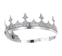 Mikikit Couronne de Roi Médiévale Réglable pour Homme en Métal Finition Argenté Ancien avec Strass Verts Accessoire Costume Prince pour Cosplay Anniversaire et Fête de Noël