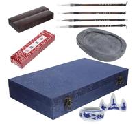 Mikikit Ensemble de 10 Pièces Kit Calligraphie Chinoise Pinceaux d'Écriture Professionnels Bâtonnets d'Encre Chinoise et Pierre à Encre Portable Coffret Bleu pour Artistes Étudiants et