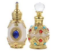 Mikikit Flacon Parfum Rechargeable en Verre Cristal 15 Ml X2 Bouteilles Vintage Doré Sphérique Bleu Irisé Étanche pour Voyage Paquet à Main Usage Huiles Essentielles