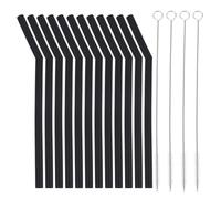 Mikikit Lot de 16 Pailles Réutilisables en Silicone Noir 12 Pailles Pliables Fines et 4 Brosses de Nettoyage, Ensemble Portable pour Boissons Maison, Thé au Lait et Café, pour Voyage