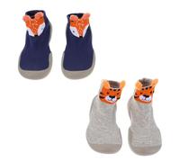 Mikikit Lot de 2 Paires de Pantoufles-Chaussettes Bébé à Semelle Souple Antidérapante Taille 22/23 Modèle Unisexe Bleu Renard et Gris Tigre Chaussures de Marche Confortables pour