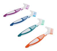 Mikikit Lot de 4 Brosses à Dents pour Prothèses Dentaires Double Face Petites Têtes Inclinées Poignée Antidérapante Couleurs Assorties Nettoyant pour Fausses Dents Usage Quotidien