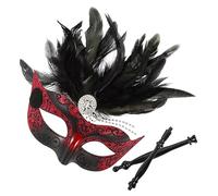 Mikikit Masque Demi Visage Cosplay Halloween Rouge avec Plumes et Strass Masque Mascarade Décoratif à Main pour Femmes et Réutilisable pour et