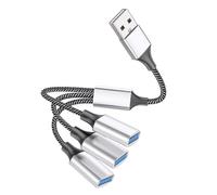 Mikikit Répartiteur d'alimentation USB à 3 Voies Connecteurs USB 1 Mâle vers 3 Femelles, Alliage D'aluminium Argenté, Protection Court-Circuit et Dissipation Rapide de Chaleur, Portable