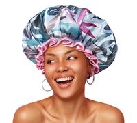 mikimini Bonnet de Douche Femme, Réutilisable Imperméable Charlotte de Douche pour Cheveux Longs et Épais, Design Tropical Grande Charlotte Cheveux pour Femmes 2 Pièces