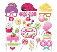 MIKIMIQI Lot de 25 accessoires de photomaton avec bâton, accessoires de fête Candy Land pour femmes et filles - Accessoires de fête d'anniversaire sur le thème des bonbons - Décorations de fond de