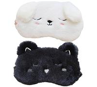 Mikinona 2 pièces Masque de Sommeil Peluche Adorable Motif Animal Chat Noir Chien Blanc Masque de Yeux Doux et Confortable pour Voyager et Reposer
