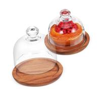 Mikinona 2 Pièces Présentoir à Gâteaux Acacia avec Cloche Verre Lot de Plateau Élégant pour Desserts Pâtisseries et Fruits Facile à Nettoyer et Gain de Place