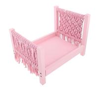 Mikinona Mini Lit de Studio pour -né en Bois Décoration Macramé Bohème Rose, Accessoire Photo Polyvalent et Portable pour Séance Photo Bébé, Lit D'appoint Sécurisé et Confortable