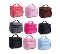 Mikinona Organisateur de Maquillage avec Fermeture Éclair Sécurisée Trousse de Voyage Imperméable et Compacte Sac à Cosmétiques avec Compartiments Multiples et Rayures Coréennes Café