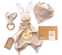 Mikito Coffret Cadeau Naissance Bébé Doudou Lapin, Bavoir Bandana, Mordedor Bois & Carte - 100% Coton Bio Certifié Oeko-TEX et GOTS - Cadeau pour Fille & Garçon