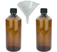 mikken Lot de 2 bouteilles de laboratoire marron 1000 ml en plastique (PET), flacons pharmaciens, flacons veraux avec entonnoir