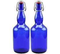 mikken Lot de 2 bouteilles en verre bleu de 0,75 l avec bouchon à étrier (mécanique) en porcelaine, avec étiquettes