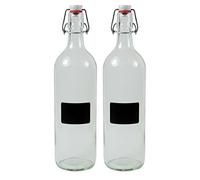 mikken Lot de 2 bouteilles en verre vides de 1000 ml avec bouchon mécanique en porcelaine à remplir soi-même, avec 2 étiquettes d'étiquetage