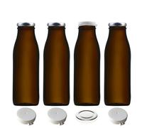 mikken Lot de 4 bouteilles de lait marron en verre de 500 ml avec 4 couvercles à visser et 4 couvercles fraîcheur avec étiquettes
