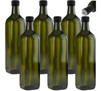 mikken Lot de 6 bouteilles d'huile de 750 ml avec bec verseur, vert/marron, bouteille en verre avec doseur et étiquettes