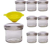 mikken Viva Haushaltswaren G1130125/8T/silber/X Lot de 8 Petits bocaux de Confiture avec couvercles argentés 125 ML Entonnoir de Remplissage Jaune avec Dispositif d'arrêt Inclus