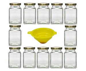 mikken Viva-Haushaltswaren Lot de 12 Pots à Confiture en Verre avec couvercles dorés Assortis et Entonnoir Jaune Capacité 260 ML