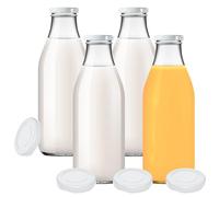 mikken Viva Lot de 4 bouteilles en verre avec 8 couvercles Blanc 1000 ml Avec étiquettes