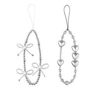 Mikovivi 2pcs Bracelet de Téléphone Portable en Perles, Cordon Argenté Anti-Perte pour Femme Porte-Clés Pendentif Portefeuille Appareil Photo Décoration (Cœur Aimant + Nœud)