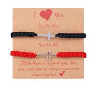 Mikovivi 2pcs Bracelets Croix Réglables, Bracelets Jumelés Amitié/Couple avec Charme Croix Métallique Rouge & Noir Bijou Corde Tressée pour Hommes Femmes Cadeaux Chrétiens