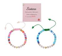 Mikovivi 2pcs Ensemble de Bracelets Sœur, Bracelet à Cordon en Perles d'Argile Polymère Bleues et Roses Bijou Grande et Petite Sœur pour Cadeau d'Anniversaire