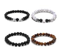 Mikovivi 4pcs Bracelets de Perles Homme, Bracelets Élastiques de Perles pour Homme en Agate Howlite Pierre Lave et Œil Tigre Ajustables Bijoux pour Femme Père Mari (4 Styles)