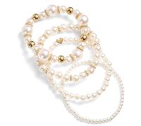 Mikovivi 4pcs Bracelets Perles pour Femmes, Multicouche Blanc Perles Simulées Set de Bracelets Empilable Élastique Bijoux Mariage Délicats avec Charme Cœur pour Mariage Anniversaire (Doré)