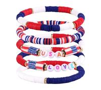 Mikovivi 5pcs Bracelet USA, 5 Styles Argile Colorés Rouge Blanc et Bleu Bracelets Patriotiques Élastiques Accessoires du 4 Juillet pour Adolescentes et Femmes