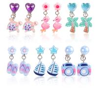 Mikovivi 6 Paires Boucles d'Oreilles à Clip Enfant, 6 Modèles Non Percées Pendantes à Clip Adorables Flamants Roses Tortues Bijoux Cadeaux Accessoires Déguisement pour Petites Filles Princesses
