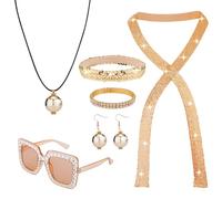 Mikovivi 6pcs Ensemble Tenues Disco Années 1970, Tenue à Thème Disco pour Femmes Accessoires Disco Bague Lunettes Soleil Boucles d'Oreilles Bandeau Costume Disco pour Femmes Décoration Fête (Or)