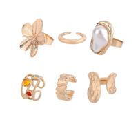 Mikovivi 6Pcs-Set Gros Anneaux en Or pour Femmes, Empilables Fleurs Vintage Perles Baroque & Anneaux Knuckle Ouverts Anti-Ternissure Bijoux Déclaration pour Port Quotidien ou Cadeau