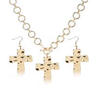 Mikovivi Collier et Boucles d'Oreilles Croix Dorés Épais, Vintage Collier Voyant avec Grandes Boucles d'Oreilles Croix Martelées Ensemble de Bijoux de Foi pour Femmes