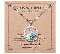 Mikovivi Collier Graine Moutarde, Collier Pendentif Rond Coloré Montagne Femme avec Carte Motivation Collier Foi Bijoux Graines Moutarde Femme Religieux Cadeaux Décorations Chrétiens Inspirants