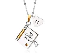 Mikovivi Collier Livre « Ma Petite Étoile », Personnalisé Initiales AZ Gravure Possible Ouverture Pendentif Livre 7 Pages Bijou Ajustable Cadeau de Maman et Papa (Style N)
