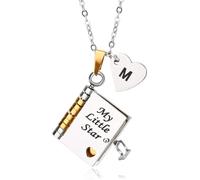 Mikovivi Collier Livre « Ma Petite Étoile », Personnalisé Initiales AZ Gravure Possible Ouverture Pendentif Livre 7 Pages Bijou Ajustable Cadeau de Maman et Papa (Style M)