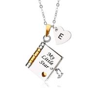 Mikovivi Collier Livre « Ma Petite Étoile », Personnalisé Initiales AZ Gravure Possible Ouverture Pendentif Livre 7 Pages Bijou Ajustable Cadeau de Maman et Papa (Style E)