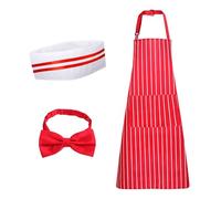 Mikovivi Costume de Chef, Tablier Rayé Rouge et Blanc avec 2 Poches Chapeau de Chef Noud Papillon kit de Costume de Serveur des Années 1950 pour Fournitures de Fête de Cosplay pour Adultes