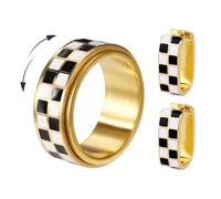 Mikovivi Ensemble Bague et Boucles D'oreilles à Carreaux, Bijoux à Carreaux Noirs Blancs pour Femme Bague en Acier Titane et Créoles Épaisses (Taille 7, Or)