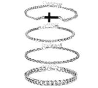 Mikovivi Ensemble de 4 Bracelets Cubains en Alliage Argenté Ajustable pour Homme avec Croix Idéal Comme Cadeau Père Petit Ami ou un Fils pour Noël ou un Anniversaire
