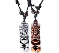 Mikovivi Lot de 2 Amulettes de Protection Hawaïennes, Pendentif Porte-Bonheur Fait Main Ajustable Tribal Polynésien Plage Crochet Tiki Tortue Mer Dent Requin Dent Loup Sculptée (Blanc, Marron)
