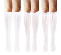 Mikovivi Lot de 3 Paires de Chaussettes Oktoberfest pour Femmes, Haut Blanc en Dentelle avec Nœud Chaussettes Longues Lolita Blanches pour Cosplay Tenues Étudiantes Lolita