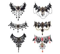 Mikovivi Lot de 6 colliers en dentelle noire pour Halloween, style steampunk, gothique, vintage, sorcière, vampire, accessoires de costume pour Halloween, victorien, mariage, fête costumée